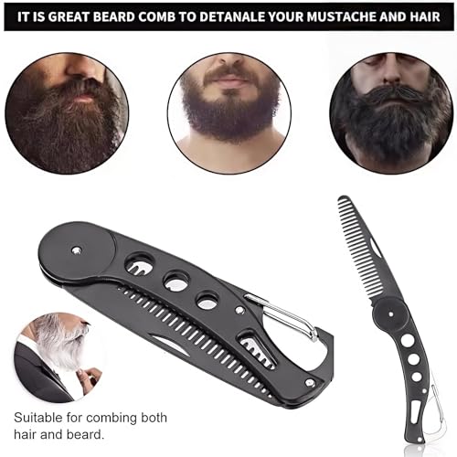 Stainless Steel Folding Beard Comb, Portable Mustache Comb, Beard Grooming Kit - Black