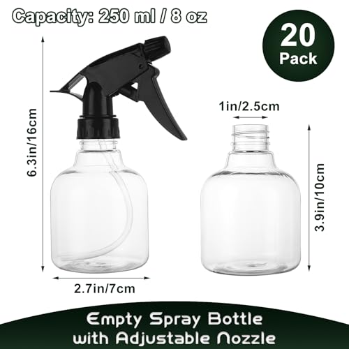 20 Pack 8oz Spray Bottles - Refillable Plastic with Adjustable Nozzle for Cleaning, Hair, Plants & Household Use