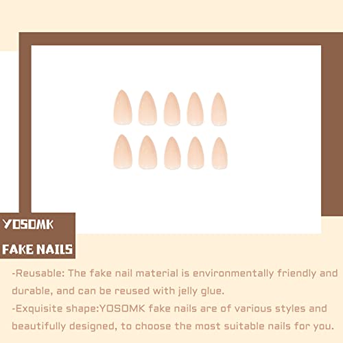 YOSOMMK Nude Press on Nails Almond Shaped Fake Nails Medium Glossy Stick on Nails Natural Full Cover False Nails Acrylic Glue on Nails for Women