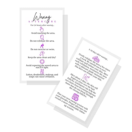 Boutique Marketing LLC Waxing Aftercare Cards | 50 Pack | Size 2 x 3.5¡± inches Business Card Size | Hair Removal Aftercare Kit | White with Purple Design