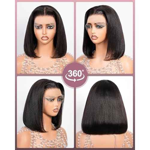 Bob Wig Human Hair 13x4 HD Lace Front Wigs Human Hair 200% Density 15A Straight Bob Wigs For Black Women Glueless Wig Pre Bleached Pre Plucked With Baby Hair (10inch)