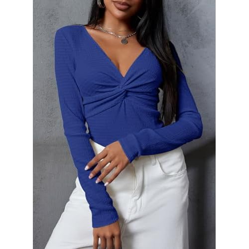 Dokotoo Long Sleeve Tops for Women Spring Fall 2025 Womens V Neck Sexy T Shirts for Women Fitted Shirts Tight Basic Tee