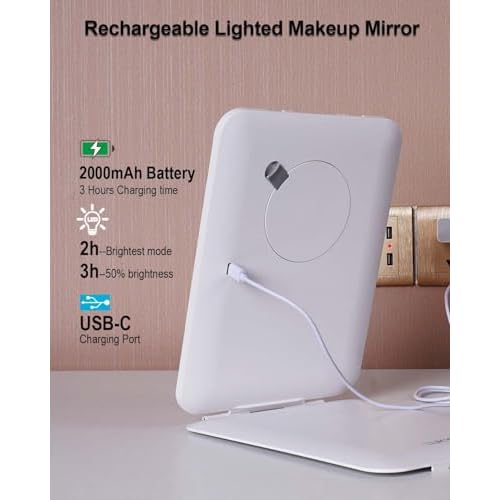 7x9.5 Inches Lighted Travel Mirror with 10X Magnifying Round Mirror, Rechargeable Battery, USB-C Charging, 78 LEDs, Tabletop Mount