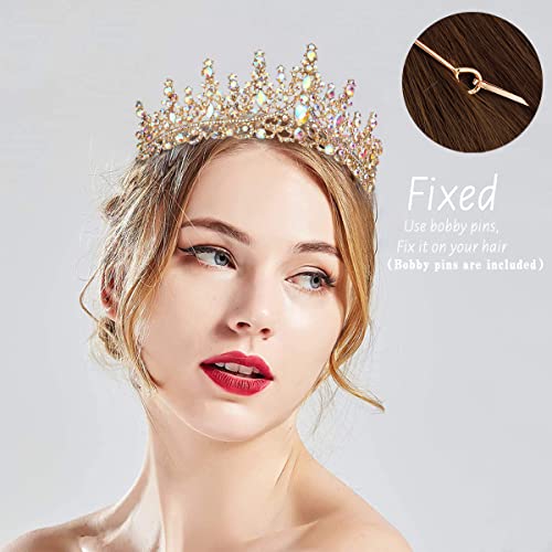 AB Gold Crystal Crown Tiara for Women Wedding Bride