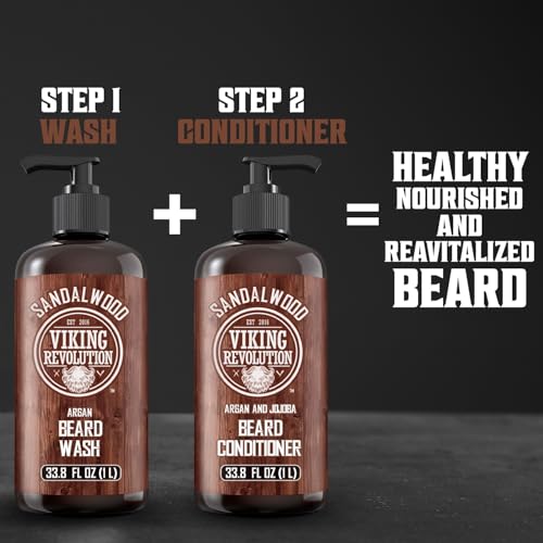 Viking Revolution Sandalwood Beard Conditioner for Men with Argan Oil and Jojoba Oil - Beard Softener and Strengthener Natural Beard Conditioner - Beard Care Moisturizer with Aloe Vera (33.8 Fl oz)