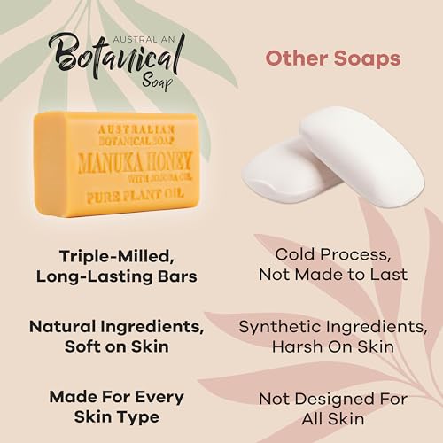 Australian Botanical Soap Manuka Honey with Jojoba Oil 6.6 oz Luxury Soap Bars Enriched with Shea Butter, Pack of 1