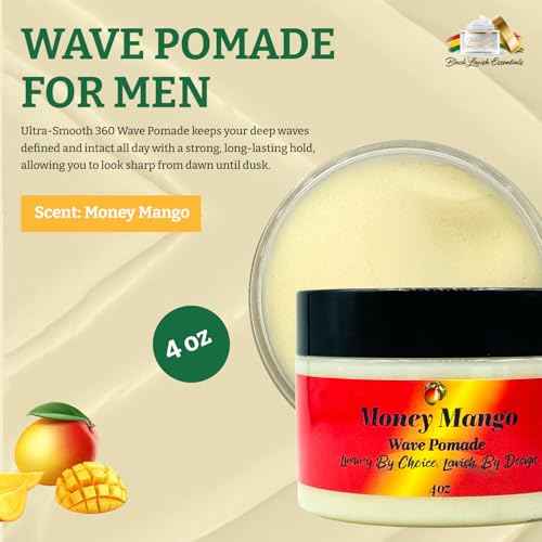 Ultra-Smooth 360 Wave Pomade for Men, Deep Waves, Strong Hold and Shine for Wavy Hair, Shea Butter and Mango Butter, Non-Greasy Formula (Money Mango Pomade, 4oz)