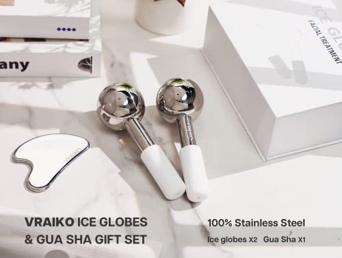 VRAIKO ICE Globes for Facials & Gua Sha Set, Gua Sha Facial Tools and Cryo Sticks with Unbreakable Steel, Face Massager Cooling Rollers for Dark Circles, Puffiness and Lymphatic Drainage (White)