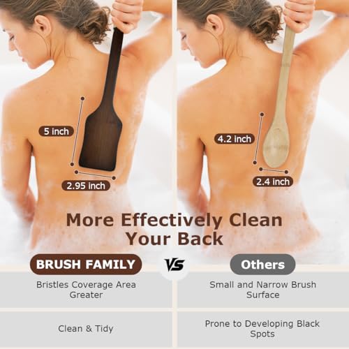 Shower Back Scrubber with Curved Long Handle Medium-Hard Natural Boar Bristles Back Scrubber for Shower for Men and Women Body Brush Exfoliator Set with Foot File(2 Pack)
