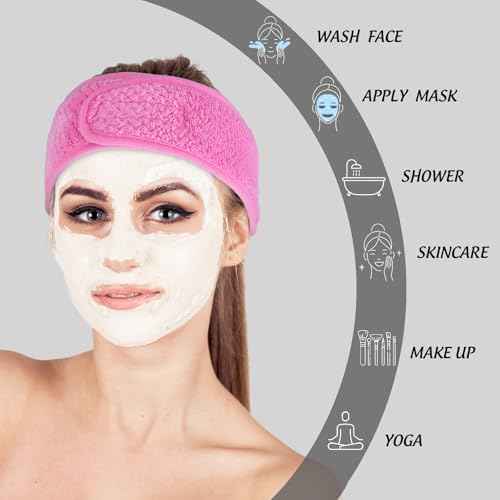 Whaline 4 Pack Spa Facial Headband Makeup Hair Wrap Adjustable Hair Band Soft Towel Head Band for Face Washing Shower Sports Yoga (White, Pink, Peach Pink, Hot Pink)