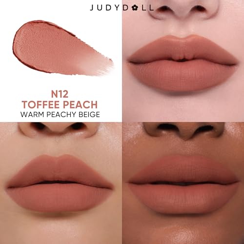 JUDYDOLL Cushion Matte Lip Cream, Hydrating Matte Lipstick with Tripeptide & Squalane, Lip line blurring, Velvet Lip mud, Smudge-Proof, Transfer-Proof, Long-Lasting, Non-craked (New N12 Toffee Peach)