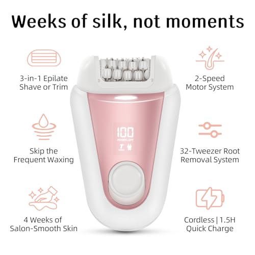 YHC Epilator for Women ? Cordless 2-in-1 Hair Removal with 32 Tweezers, Rechargeable Electric Shaver for Legs, Arms & Body