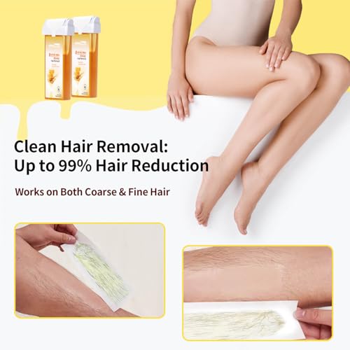 Waxfans Roll On Wax Refill,Wax Roller Refill for Hair Removal,Quick Melting - For Coarse and Fine Hairs.with 2 Honey Waxing Rollers, 50 Waxing Strips(Honey)