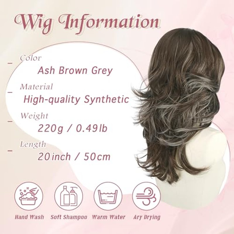 20 Inch Ash Brown Layered Wig with Curtain Bangs - Natural Lace Front