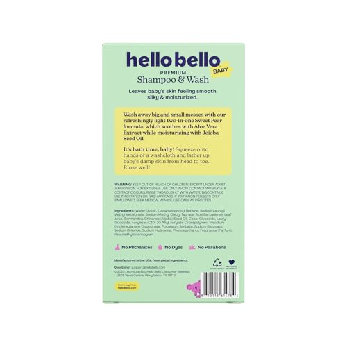 Hello Bello Sweet Pear Shampoo & Body Wash, Hypoallergenic, Dermatologist & Pediatrician Tested Formula for Babies & Kids, 20 FL Oz (Pack of 2)