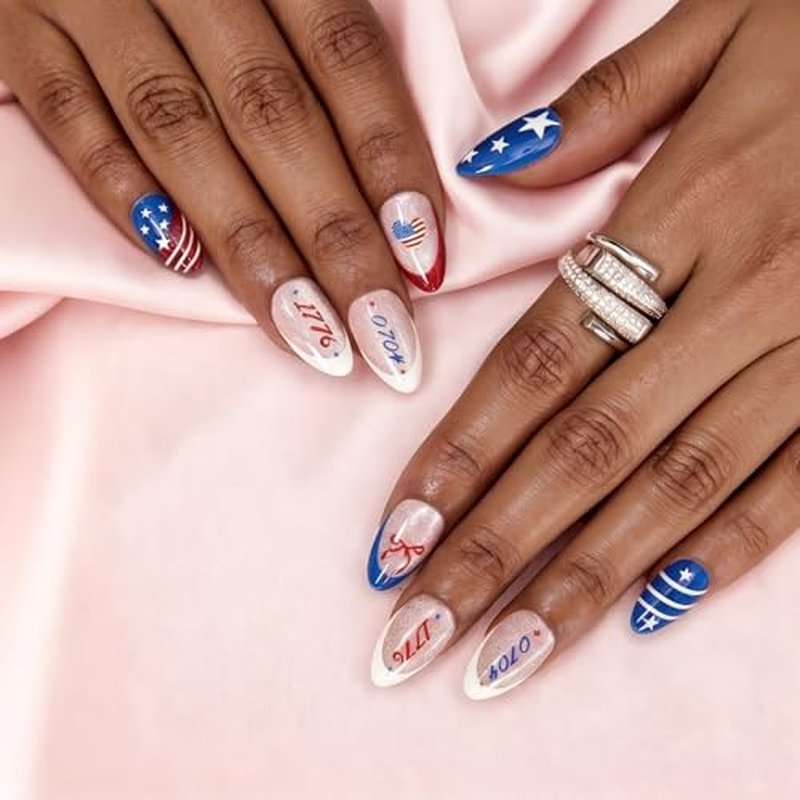 4th of July Press On Nails Red White Blue Almond 32pc