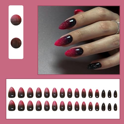 30 Pcs Halloween Press on Nails Short Almond - SHANRUN Rose Red Black Ombre Fake Nails Press ons French Nail Art Tips Glue on Nails Stick on Nails Full Cover Acrylic False Nails with Glitter Design