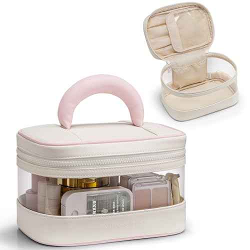 Vlando Travel Makeup Bag, Large Travel Toiletry Bag for Women Girl, Waterproof Cute Cosmetic Bag with Handle, Clear Make up Bag for Cosmetic, Brushes, Skincare-Cream White