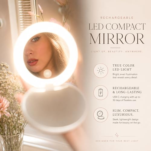 Ilios Lighting LED Compact Mirror with Light 1x/10x – White, USB-C Rechargeable, 5-Inch Travel Foldable