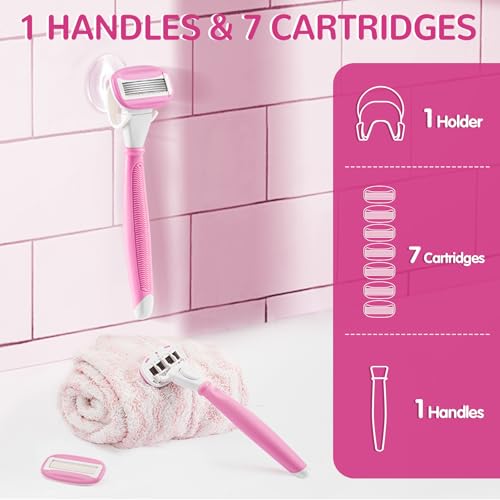 Razors for Women Include 1 Non-Slip Handle and 7 Blade Refills with a Shower Holder, 5 Premium Blades Women's Razors for Shaving with 360¡Æ Lubrication Reduces Irritation, Pink