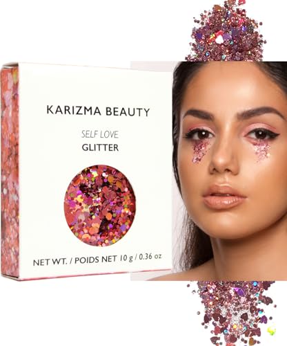 KARIZMA Self Love Heart Glitter. 10g Chunky Face Glitter, Hair Glitter, Eye Glitter, Body Glitter for Women. Rave Glitter, Festival Accessories, Cosmetic Glitter Makeup. Loose Glitter Set