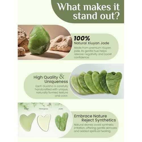 Rena Chris Gua Sha Facial Tools, Xiuyan Jade Stone Guasha Tool for Face Massage, Manual Facial Massager Tool for Jawline Sculpting and Puffiness Reduction with Silicone Case (Green)