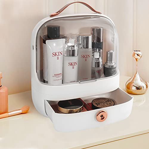 MASSY Egg Shape(Oval) Makeup Storage Box, Countertop Portable Vanity Cosmetics Organizer Preppy Style (Jasmin White)