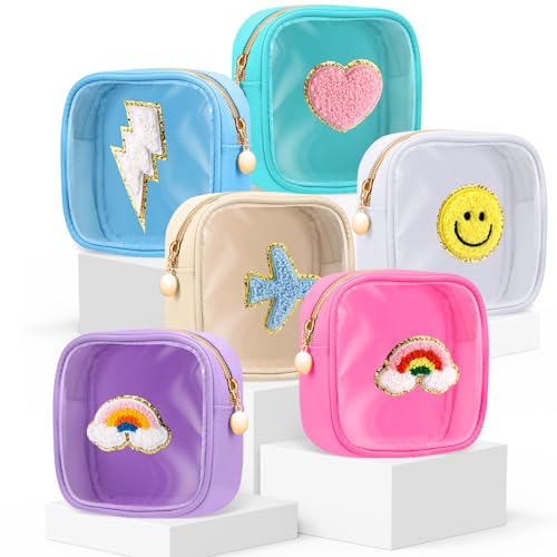 Silkfly 6 Pcs Cute Preppy Patch Makeup Bags Bulk Christmas Mini Pouches for Gifts Chenille Nylon Toiletry Macaron Color Cosmetic Bags with Zipper Clear Toiletry Pouches for Women Travel Supplies