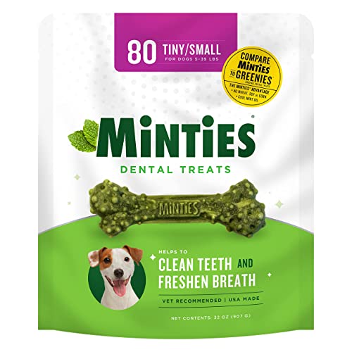 Minties Dental Chews for Dogs, 80 Count, Vet-Recommended Mint-Flavored Dental Treats for Tiny/Small Dogs 5-24 lbs, Dental Bones Clean Teeth, Fight Bad Breath, and Removes Plaque and Tartar