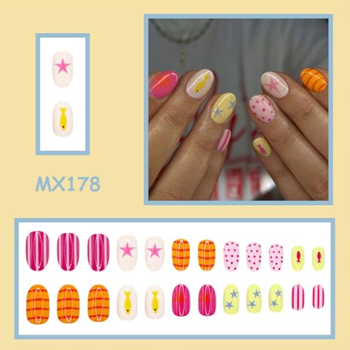 Press On Nails Short Almond 24pc Fish & Polka Dots