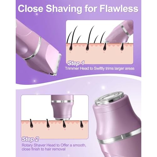 Electric Razors for Women 2 in 1 Bikini Trimmer for Women Cordless Dry/Wet Use Electric Shaver for Pubic Hair, Armpit, Facail Hair Removal, Waterproof Pearl Purple