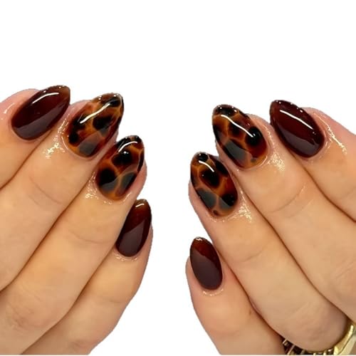 Tortoise Shell Press On Nails Short Oval Brown Glossy 24Pcs