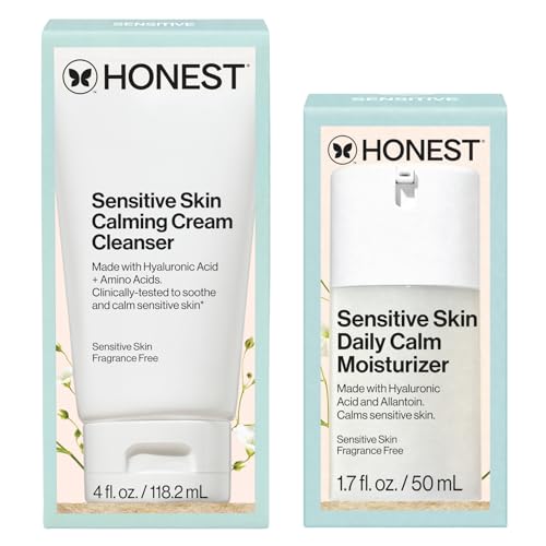 Honest Beauty Sensitive Skin Bundle | Daily Calm Lightweight Moisturizer + Foaming Cream Cleanser | Hydrates + Calms Skin | Hypoallergenic, Fragrance Free, Vegan | 1.7 fl oz, 4 fl oz