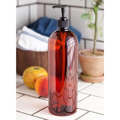JUVITUS Amber 32 oz Large Boston Round PET Plastic Bottles (BPA Free) with Black Lotion Pump (2 pack)