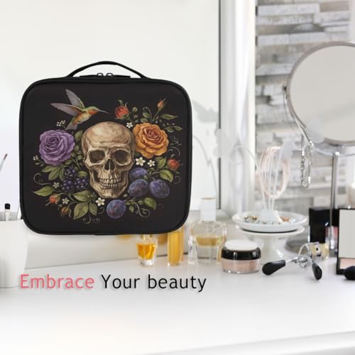 ALAZA Travel Makeup Case, Day of The Dead Skull Rose Humming Bird Dia Muertos Cosmetic toiletry Travel bag for Women Girls