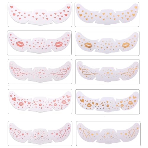 10 Sheets Valentine's Day Face Tattoo Sticker Pink Gold Heart Freckle Face Sticker Glitter Tattoos Pink Heart Kiss Lip Flower Satr Waterproof Tattoos for Girls Women Festival Makeup Accessories