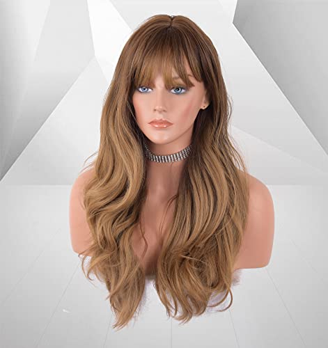 LANOVA Brown Wig with Bangs, Brunette Wig with Bangs, Honey Brown Synthetic Curly Wigs for Women, Long Brown Wigs with Fringe, Loose Curly Wigs 26 inch LANOVA-162