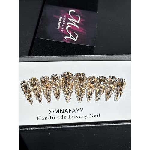 Luxury Gems 100% Handmade Nails Gold Long Stiletto Press On Nails Full Cover 3D Rhinestone Crystal Gorgeous Reusable UV Finished Fake False Nails Acrylic Nail Kit With Box Gifts for Women L