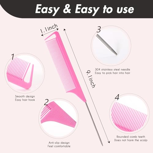 6PCS Metal Rat Tail Comb Set for Hair Styling & Braiding - Purple, Black, Pink