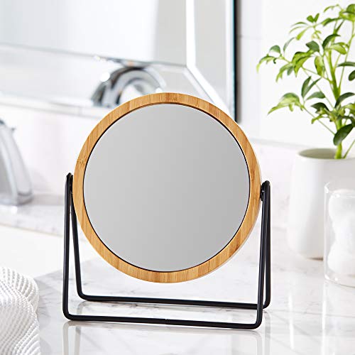 Amazon Basics Vanity Round Mirror with Bamboo Rim, Magnification, Tabletop Mount, Black, 7.56"L x 2.87"W