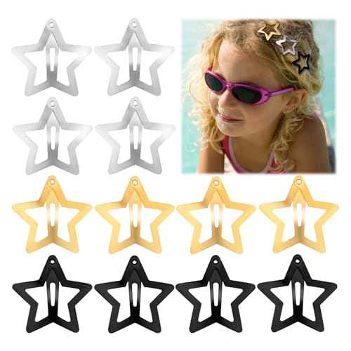 12PCS Metal Star Snap Hair Clips, 1.6 Inches for Kids Girls and Women, Silver/Gold/Black Barrettes, Non Slip 2000s Y2K Cute Hair Accessories