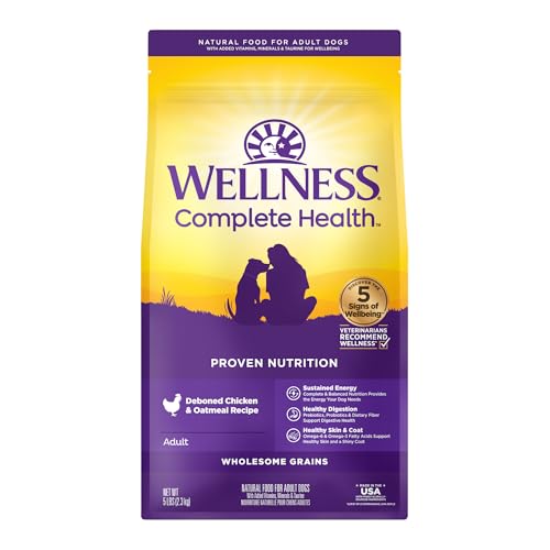 Wellness Complete Health Dry Dog Food with Grains, Natural Ingredients, Made in USA with Real Meat, All Breeds, For Adult Dogs (Chicken & Oatmeal, 5-Pound Bag)