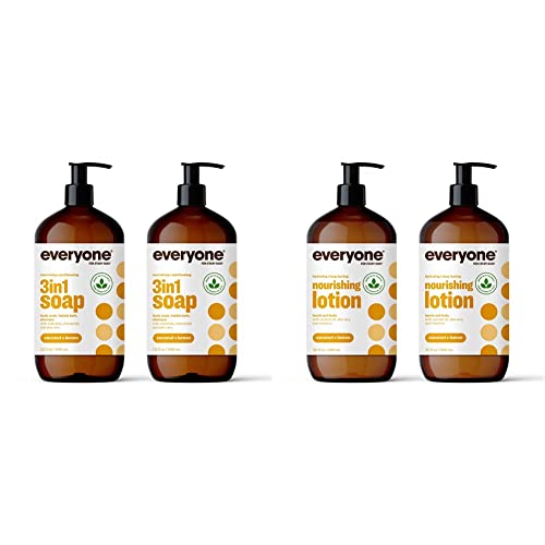 Everyone 3-in-1 Soap, Body Wash, Bubble Bath, Shampoo (32 Ounce) and Hand and Body Lotion (32 Ounce) Bundle - Coconut and Lemon