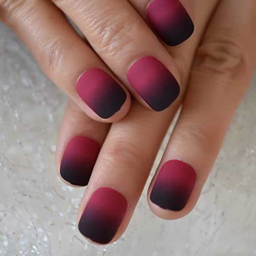 Dark Red Black Gradient Press On Nails Short Squoval False Nails Women Girls Nail Art Tips Full Cover Reusable Salon Beauty Fake Fingernails Datechable Manicure Acrylic Nails