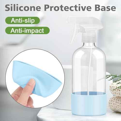 Glass Spray Bottles with Silicone Sleeve Protection, Empty 16 oz Refillable Containers, Reusable Spray Bottles with Adjustable Nozzle for Hair, Cleaning Solutions, 3 Pack Blue