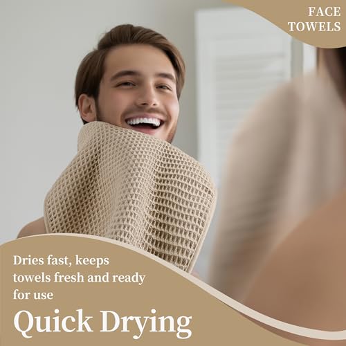 Microfiber Waffle Face Towels, 4 Pieces, Soft, Absorbent, Fast Drying, Lint Free 430 GSM (Beige)