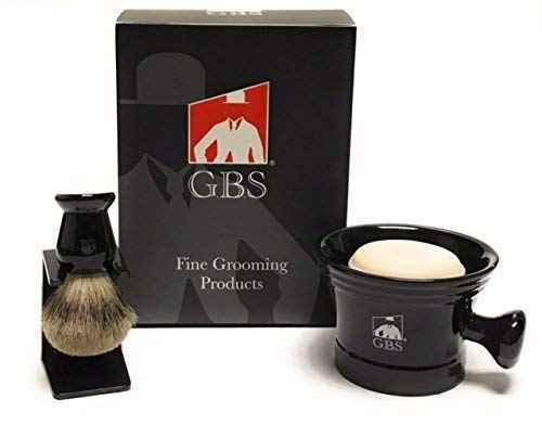 G.B.S Men’s Wet Grooming Shaving Set, Gift Boxed-Ceramic Black Shaving Mug with Knob Handle, Shaving Brush, Stand and Sandalwood Aftershave, Black