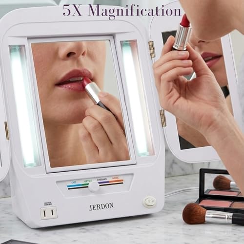 Lighted Makeup Mirror with 5X Magnification | White Vanity Mirror with Adjustable Lighting