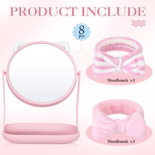 8 Set Spa Party Supplies Cat Table Mirrors Pink Bow Headbands for Sleepover Slumber Birthday Party Favors Washing Face Makeup Gifts(Cat)