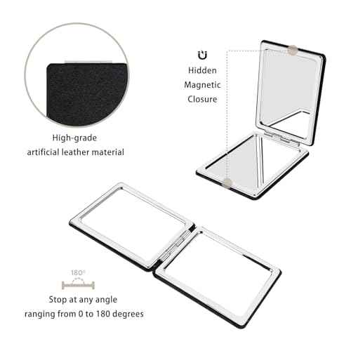 Portable Beauty Mirror with Leather Cover, 1X/2X Two-Sided Makeup Small Pocket Mirror, Portable for Travel and Purses - Black